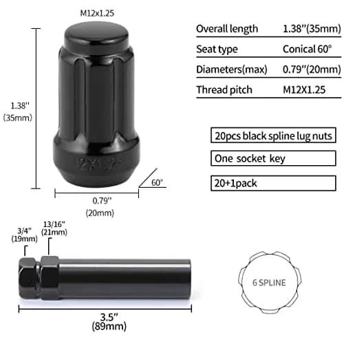 ChnewAuto M12x1.25 Black Lug Nuts 6 Spline Set of 20 | Anti-Theft Acorn Wheel Nuts thumbnail 5