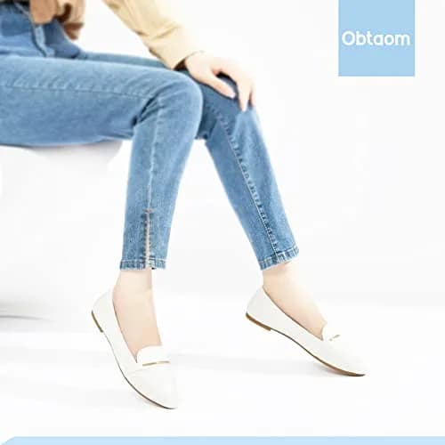 Obtaom Women's Pointy Toe Loafer Flat Comfortable Faux Suede Work Shoes, White US7 | Elegant & Breathable thumbnail 3