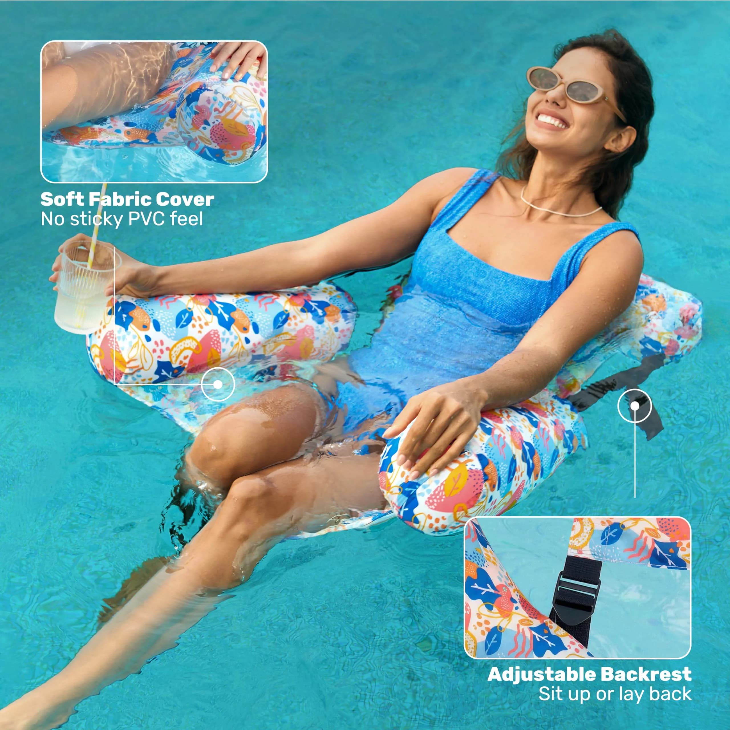 Sloosh Inflatable Pool Lounge Chairs 2-Pack Tropical Flowers | Adjustable Hammock Float for Adults - view 4