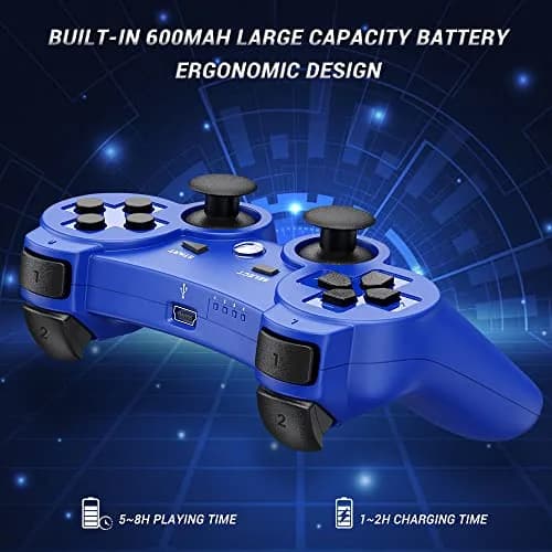 OKHAHA Controller 2 Pack for PS3 Wireless Controller | Dual Shock 3, Bluetooth, Rechargeable, Motion Sensor, No Stripes (Black + Blue) thumbnail 5