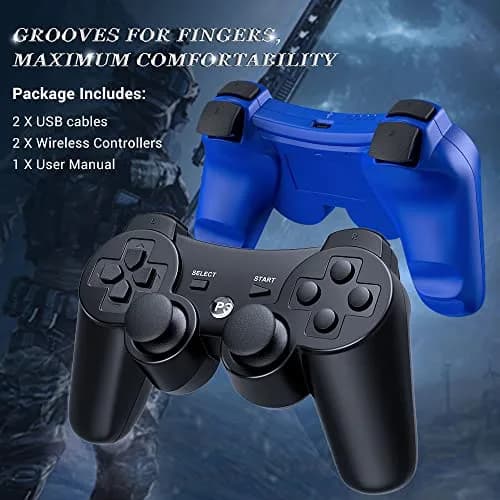 OKHAHA Controller 2 Pack for PS3 Wireless Controller | Dual Shock 3, Bluetooth, Rechargeable, Motion Sensor, No Stripes (Black + Blue) thumbnail 6