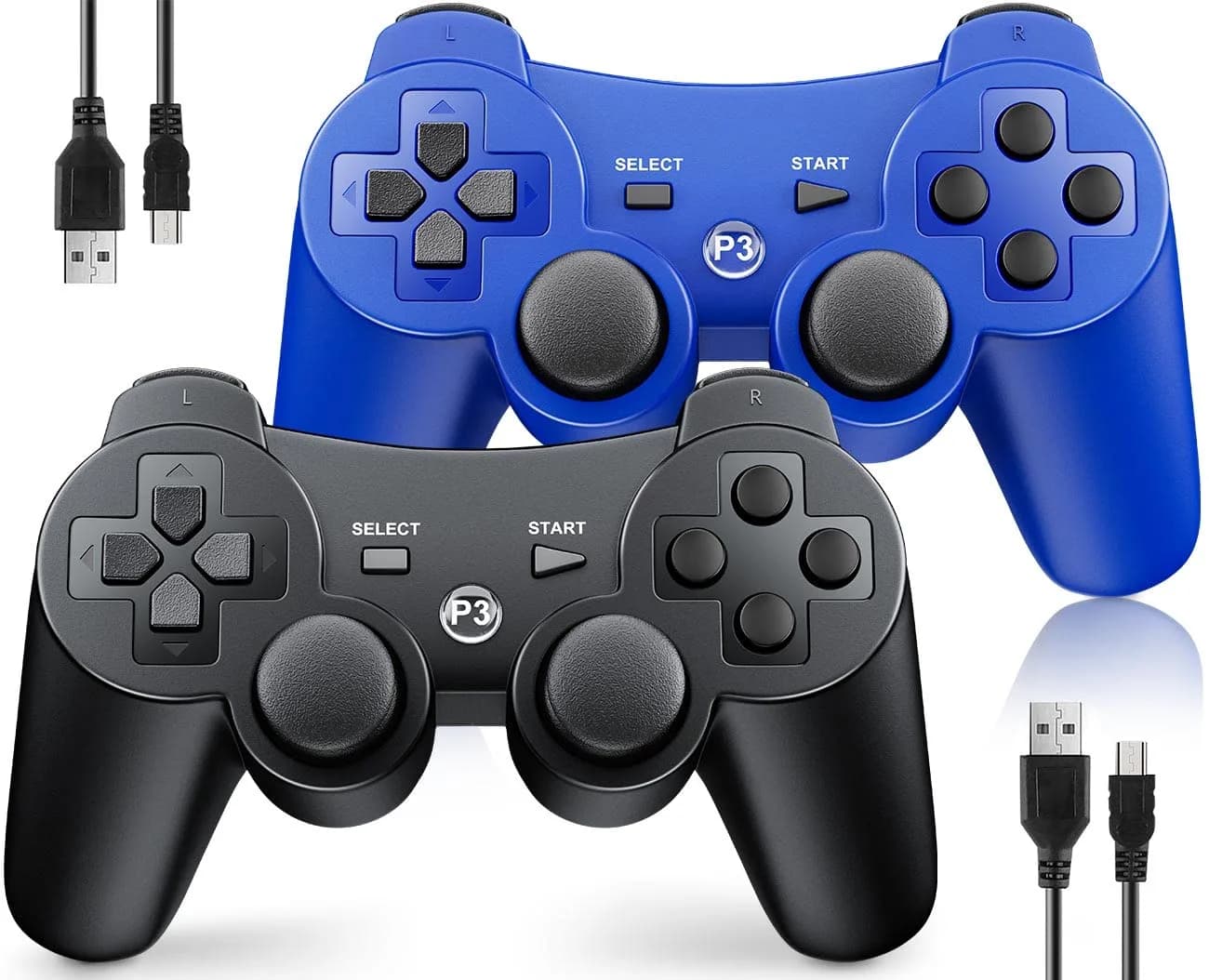OKHAHA Controller 2 Pack for PS3 Wireless Controller | Dual Shock 3, Bluetooth, Rechargeable, Motion Sensor, No Stripes (Black + Blue)
