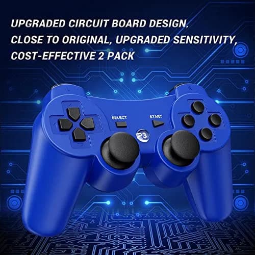 OKHAHA Controller 2 Pack for PS3 Wireless Controller | Dual Shock 3, Bluetooth, Rechargeable, Motion Sensor, No Stripes (Black + Blue) thumbnail 9