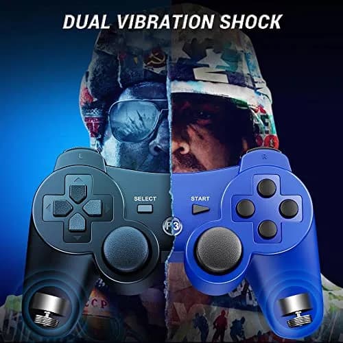 OKHAHA Controller 2 Pack for PS3 Wireless Controller | Dual Shock 3, Bluetooth, Rechargeable, Motion Sensor, No Stripes (Black + Blue) thumbnail 4