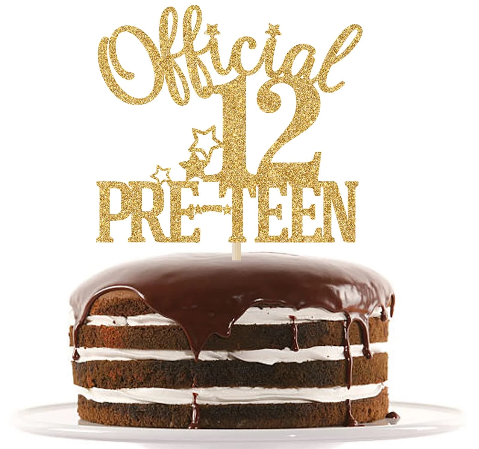 Nettuao Gold Glitter Cake Topper 12th Birthday | Premium Glitter Cardboard & Wood