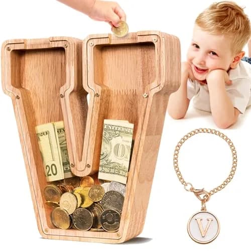summidate Wooden Letter Piggy Bank for Kids, Clear 9" Alphabet V Money Bank | Organic Wood & Acrylic thumbnail 1