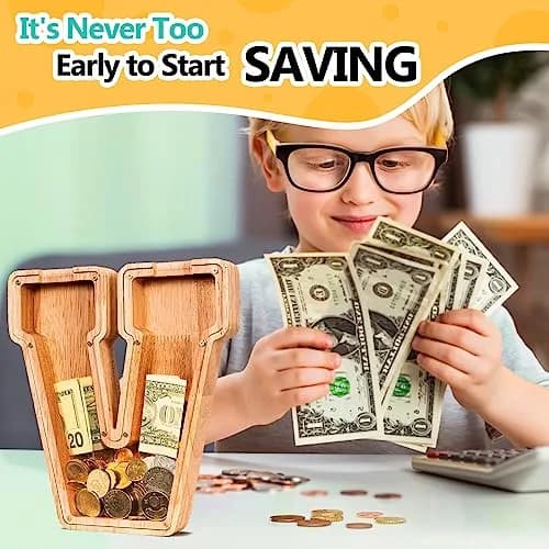 summidate Wooden Letter Piggy Bank for Kids, Clear 9" Alphabet V Money Bank | Organic Wood & Acrylic thumbnail 4