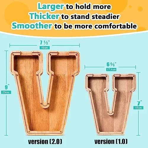 summidate Wooden Letter Piggy Bank for Kids, Clear 9" Alphabet V Money Bank | Organic Wood & Acrylic thumbnail 2