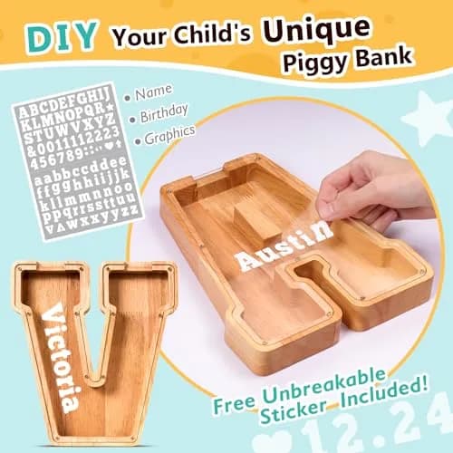 summidate Wooden Letter Piggy Bank for Kids, Clear 9" Alphabet V Money Bank | Organic Wood & Acrylic thumbnail 3