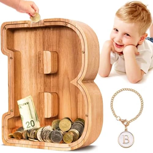 summidate Wooden Letter Piggy Bank for Kids, Clear 9" Alphabet B Money Bank | Organic Wood Savings Box thumbnail 1