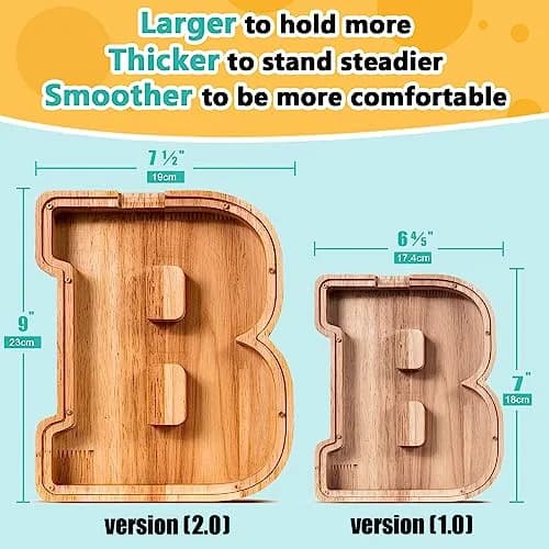 summidate Wooden Letter Piggy Bank for Kids, Clear 9" Alphabet B Money Bank | Organic Wood Savings Box thumbnail 2