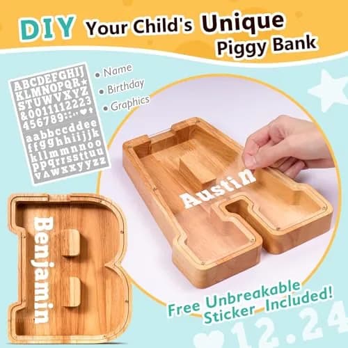 summidate Wooden Letter Piggy Bank for Kids, Clear 9" Alphabet B Money Bank | Organic Wood Savings Box thumbnail 3
