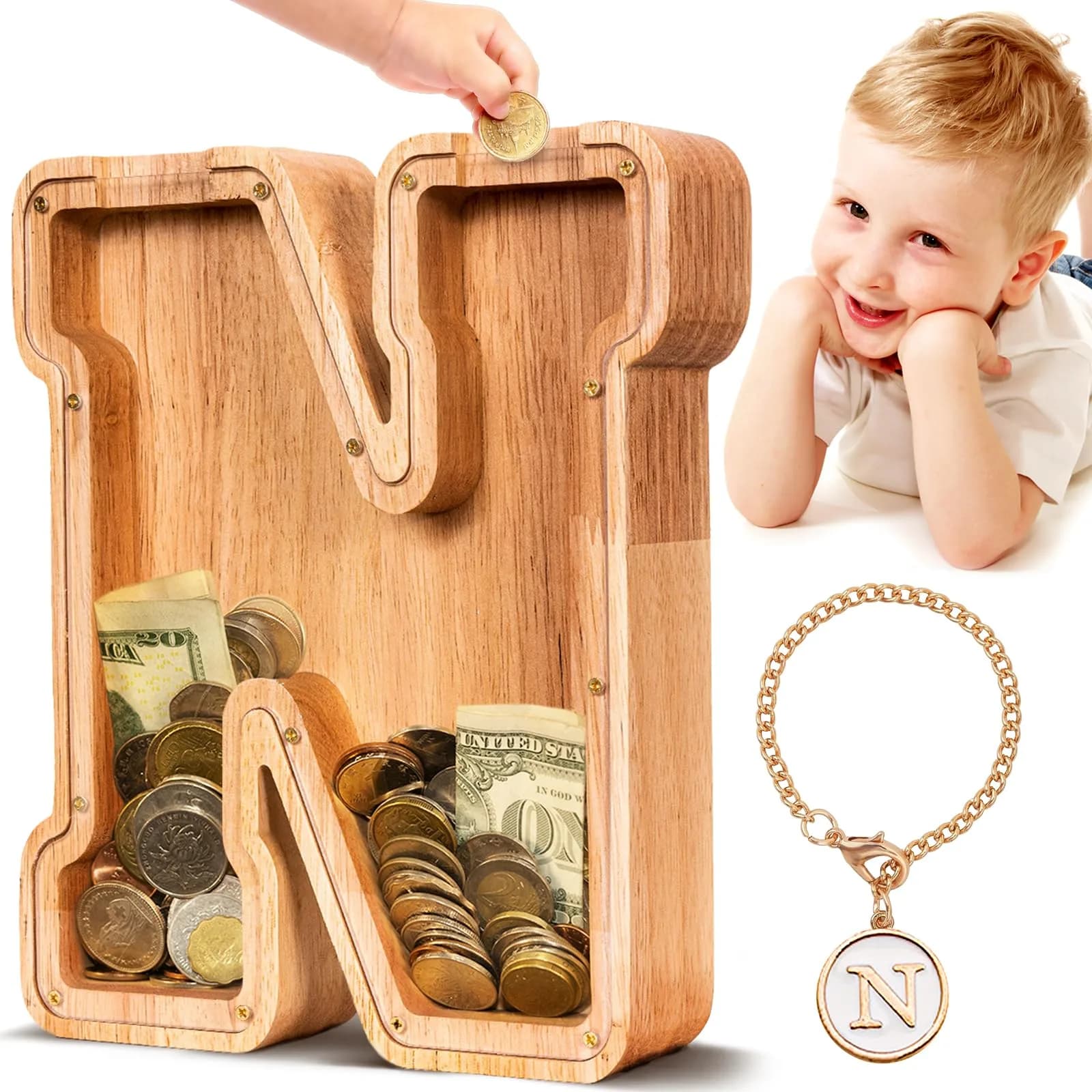 summidate Wooden Letter Piggy Bank for Kids, Clear 9" Alphabet N Money Bank | Organic Wood & Acrylic