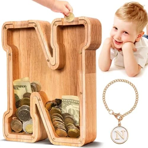 summidate Wooden Letter Piggy Bank for Kids, Clear 9" Alphabet N Money Bank | Organic Wood & Acrylic thumbnail 1