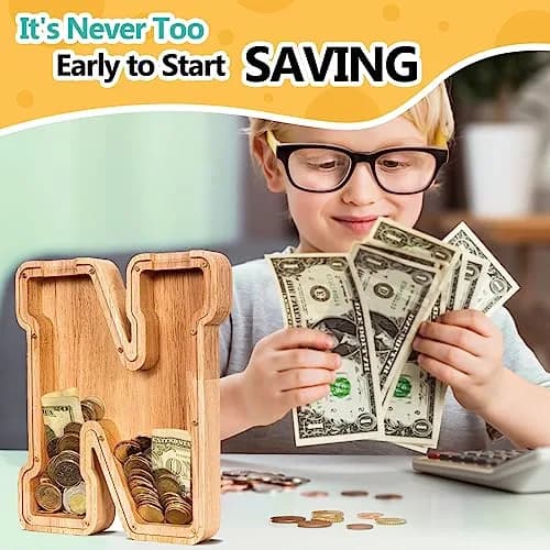 summidate Wooden Letter Piggy Bank for Kids, Clear 9" Alphabet N Money Bank | Organic Wood & Acrylic thumbnail 4