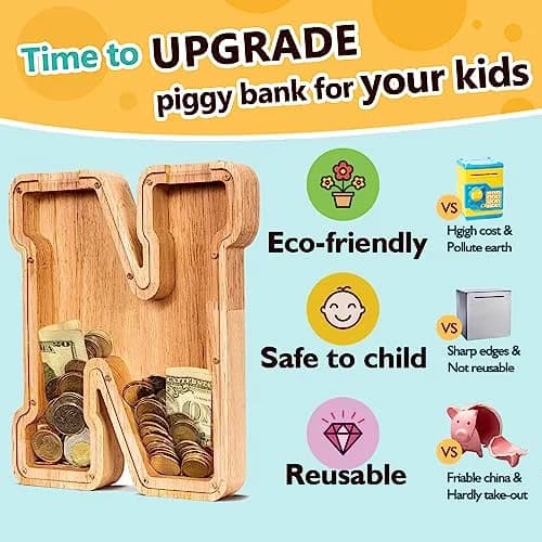 summidate Wooden Letter Piggy Bank for Kids, Clear 9" Alphabet N Money Bank | Organic Wood & Acrylic thumbnail 5