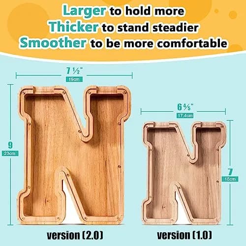 summidate Wooden Letter Piggy Bank for Kids, Clear 9" Alphabet N Money Bank | Organic Wood & Acrylic thumbnail 2