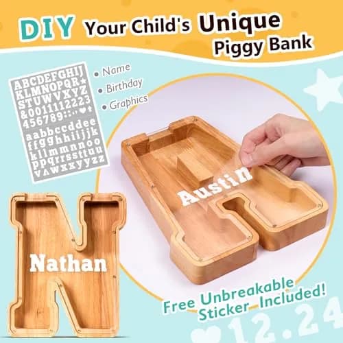 summidate Wooden Letter Piggy Bank for Kids, Clear 9" Alphabet N Money Bank | Organic Wood & Acrylic thumbnail 3