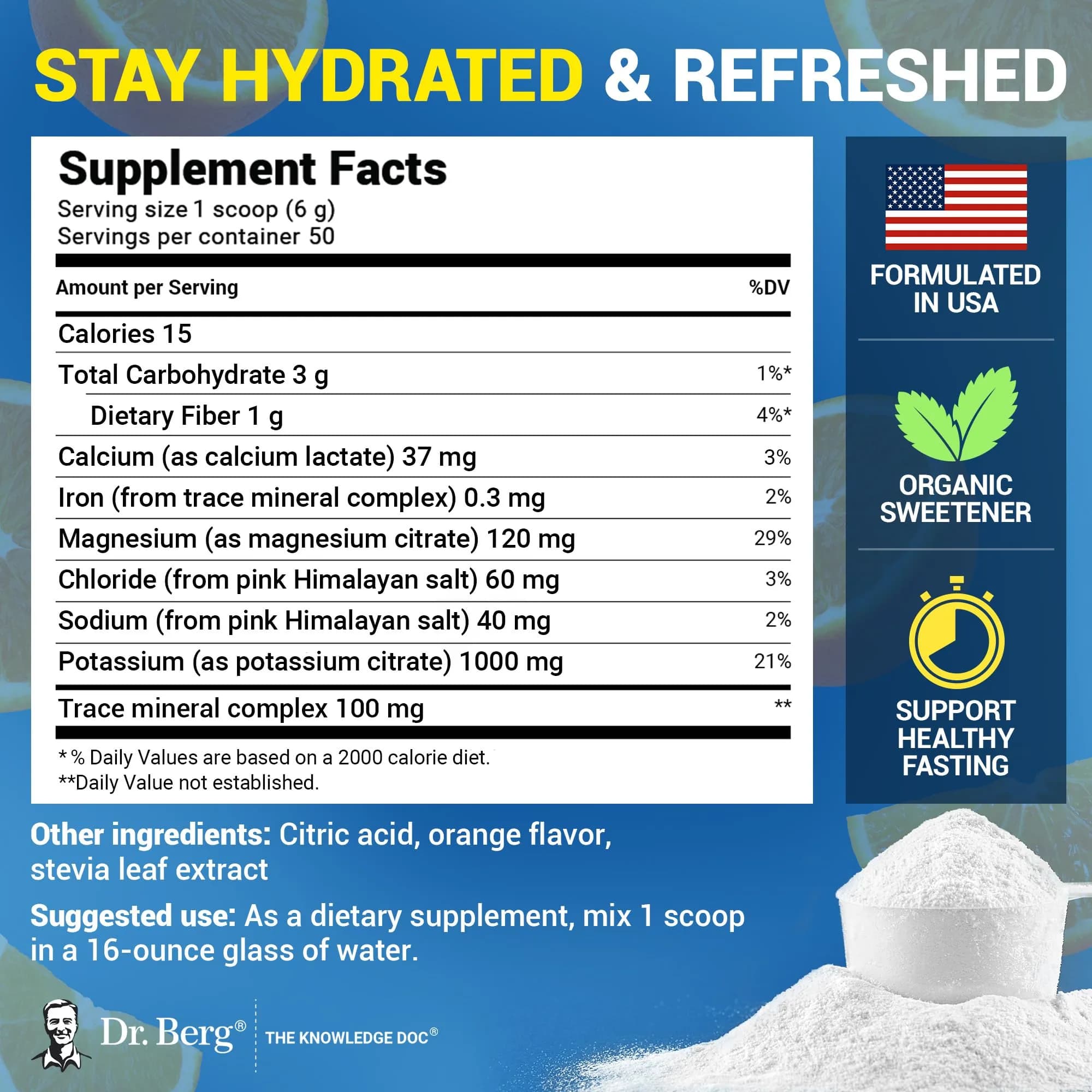 Dr. Berg Orange Keto Electrolyte Powder - 50 Servings, Zero Sugar, 1000mg Potassium - view 3