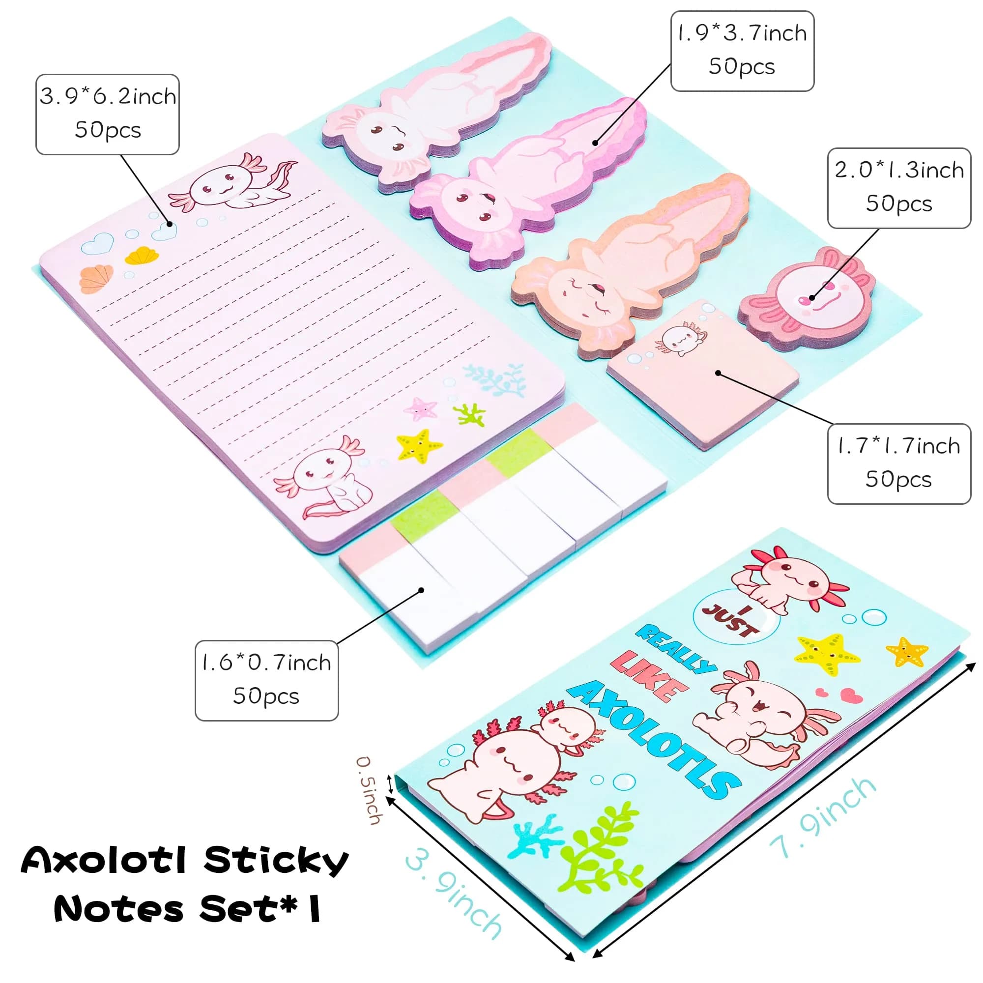 Xqumoi Axolotl Sticky Notes Set, 550 Sheets, Animal Mexican Walking Fish Shaped Self-Stick Notes Pads | Cute Teacher Gift - view 2