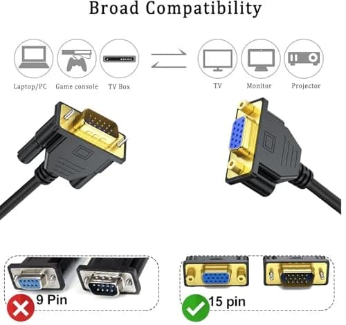UV-CABLE 3FT VGA Extension Cable 2-Pack Male to Female Cord Extender Cable 0.91 m (3 ft) | 1080p HD Video Transmission thumbnail 2