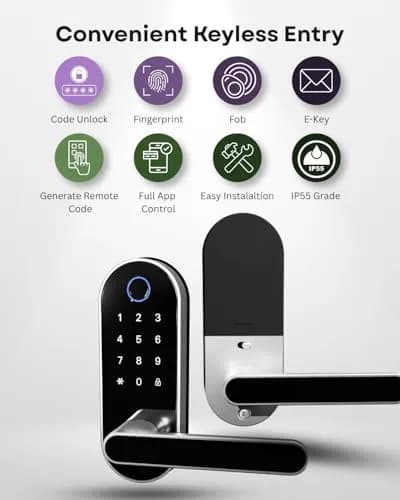 Dermum Smart Digital Door Lock with Handle & Keypad, Fingerprint Biometric Deadbolt - Silver thumbnail 2