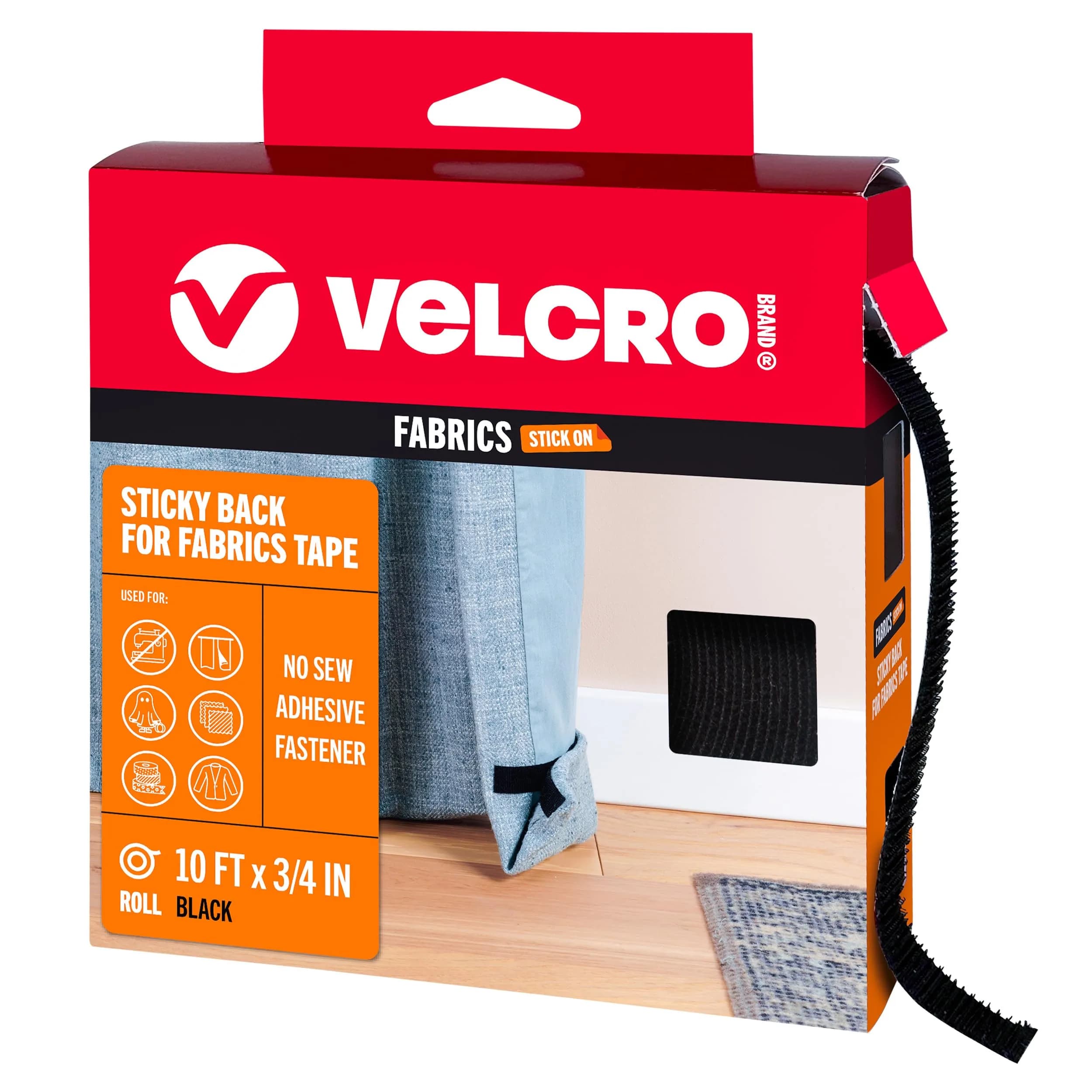 VELCRO Brand Sticky Back for Fabrics 10ft x 3/4in | No-Sew Hemming Tape for Clothes & Repairs