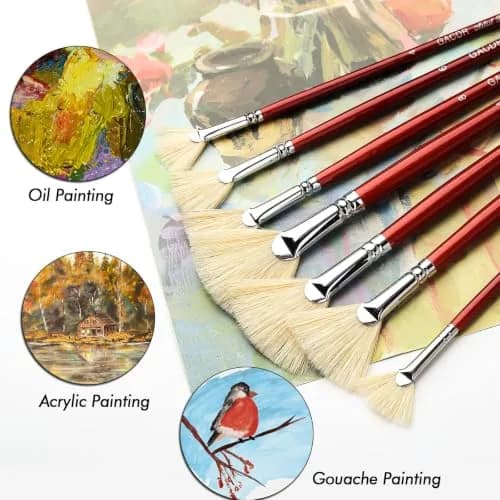GACDR Fan Brush Set, 7 Hog Bristle Brushes for Acrylic & Oil Painting | Natural Hog Bristle, Long Wood Handles thumbnail 6