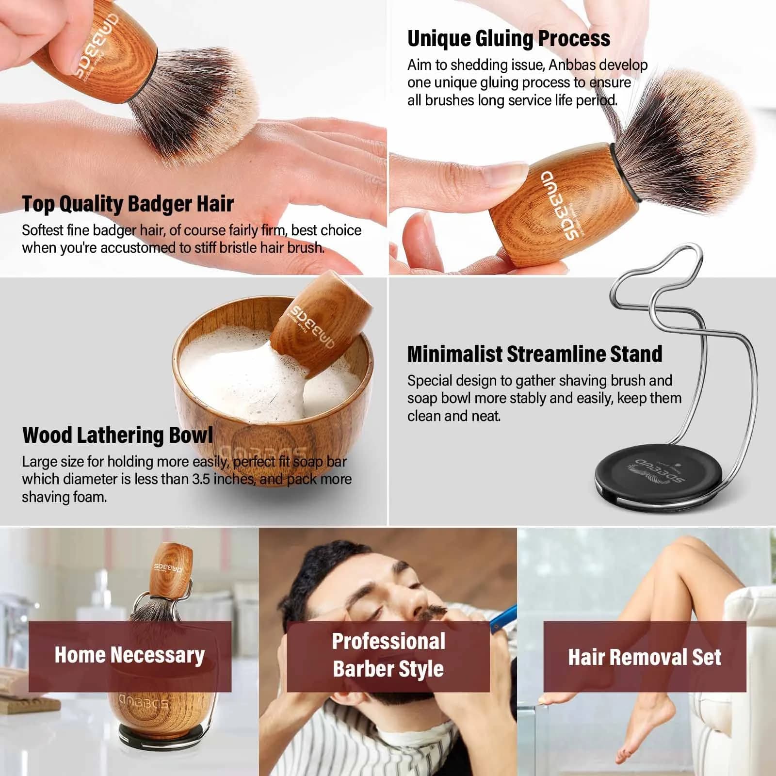 Anbbas 3-in-1 Badger Hair Shaving Brush Set with Stand and Lathering Bowl | Smooth Wet Shave for Men - view 3
