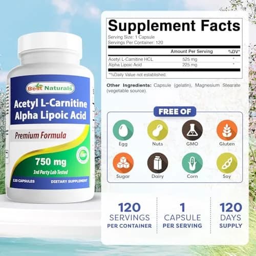 Best Naturals Acetyl L-Carnitine & Alpha Lipoic Acid 750 mg | 360 Capsules for Energy & Metabolism thumbnail 2