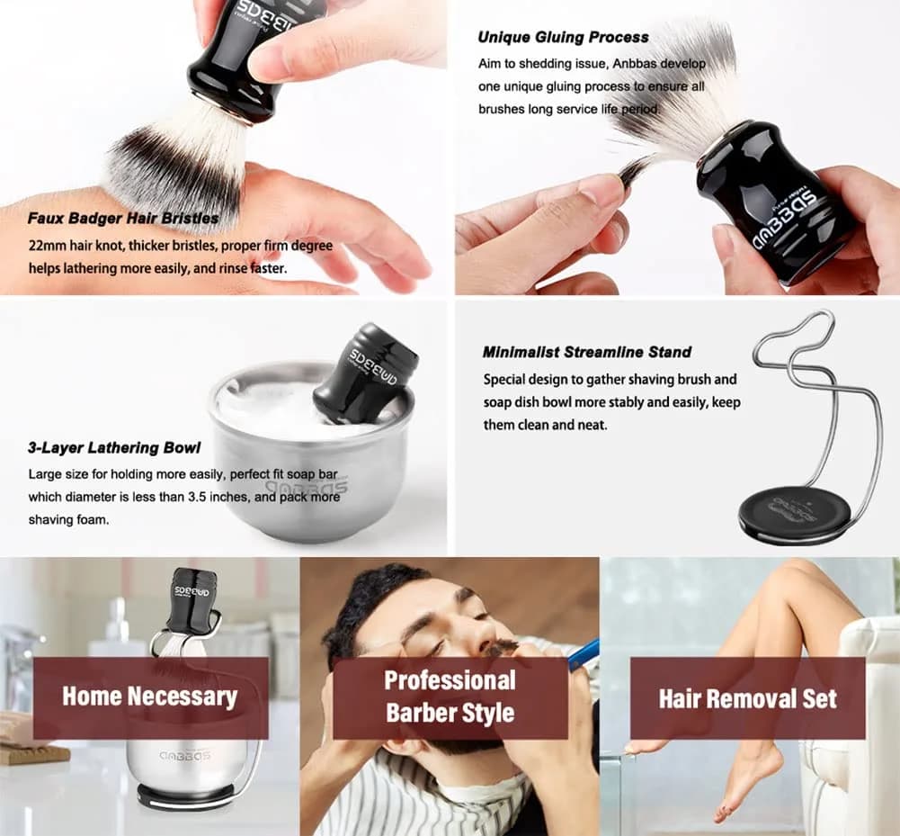 Anbbas Shaving Brush Set with Stand and Bowl | Silver-Synthetic Bristles | 22mm Knot - view 2