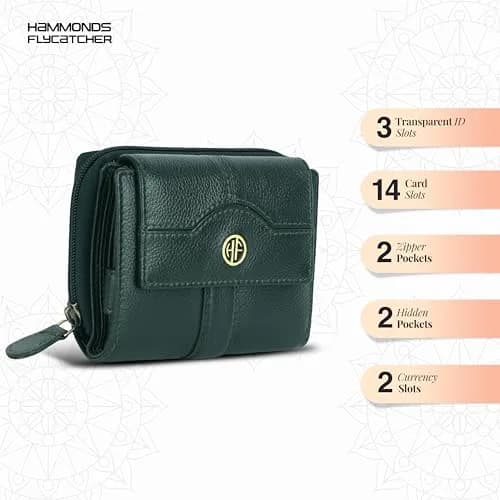HAMMONDS FLYCATCHER Green Leather Ladies Wallet with 14 Card Slots | RFID Blocking Clutch Purse for Women thumbnail 2