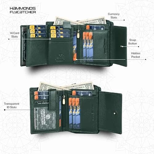 HAMMONDS FLYCATCHER Green Leather Ladies Wallet with 14 Card Slots | RFID Blocking Clutch Purse for Women thumbnail 3