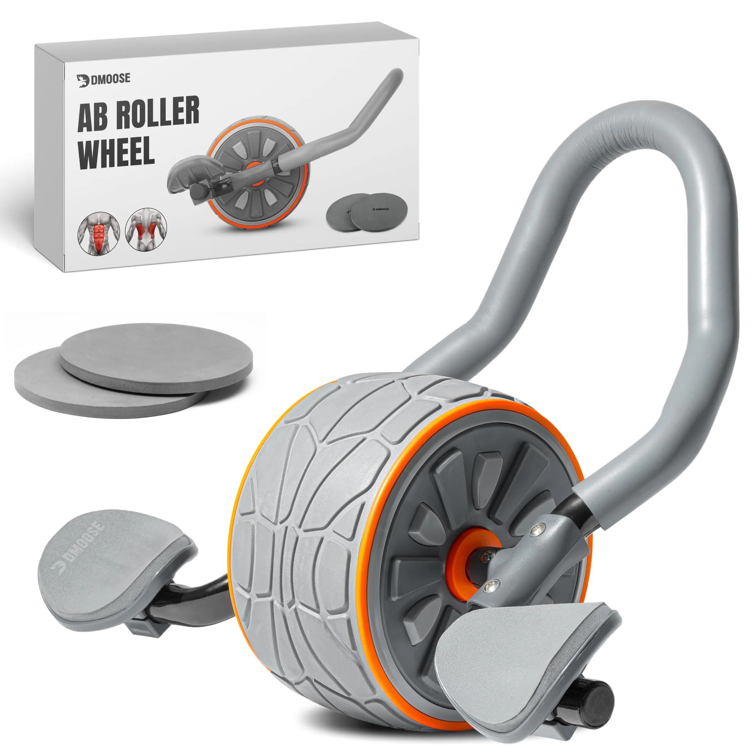 DMoose Fitness Ab Roller Wheel for Core Strength Training | 3.2 Inch Dual-Wheel, 440lb Steel Shaft, Non-Slip EVA Handles — Grey