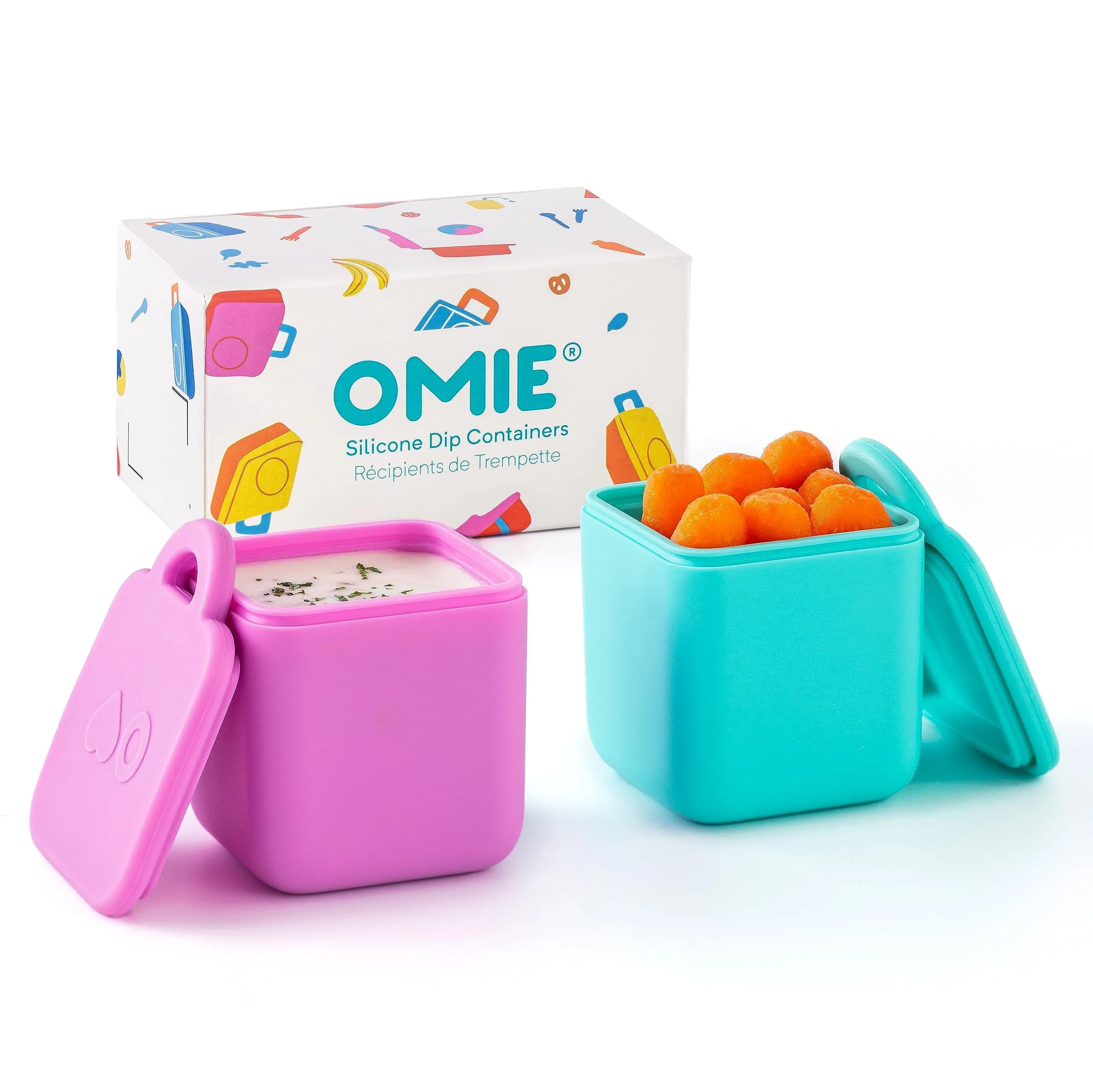 Omie OmieBox Leakproof Dip Containers 2 Pack Pink/Purple | 118ml (4 fl oz) Airtight Silicone — Pink/Teal / 4 ounces