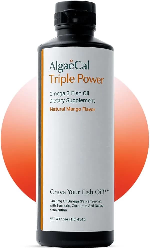 ALGAECAL Triple Power Omega 3 Fish Oil Liquid for Joints, 1200mg | Mango Flavour, 16 oz, Burp-Less, Sugar-Free — Mango