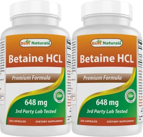 Best Naturals Betaine HCL 648 mg 500 Capsules | 3rd Party Lab Tested for Purity & Quality thumbnail 1