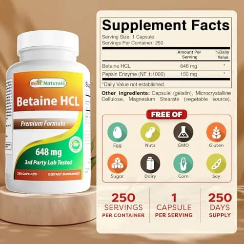 Best Naturals Betaine HCL 648 mg 250 Capsules (750 Total Capsules) | Digestive Support Supplement thumbnail 2