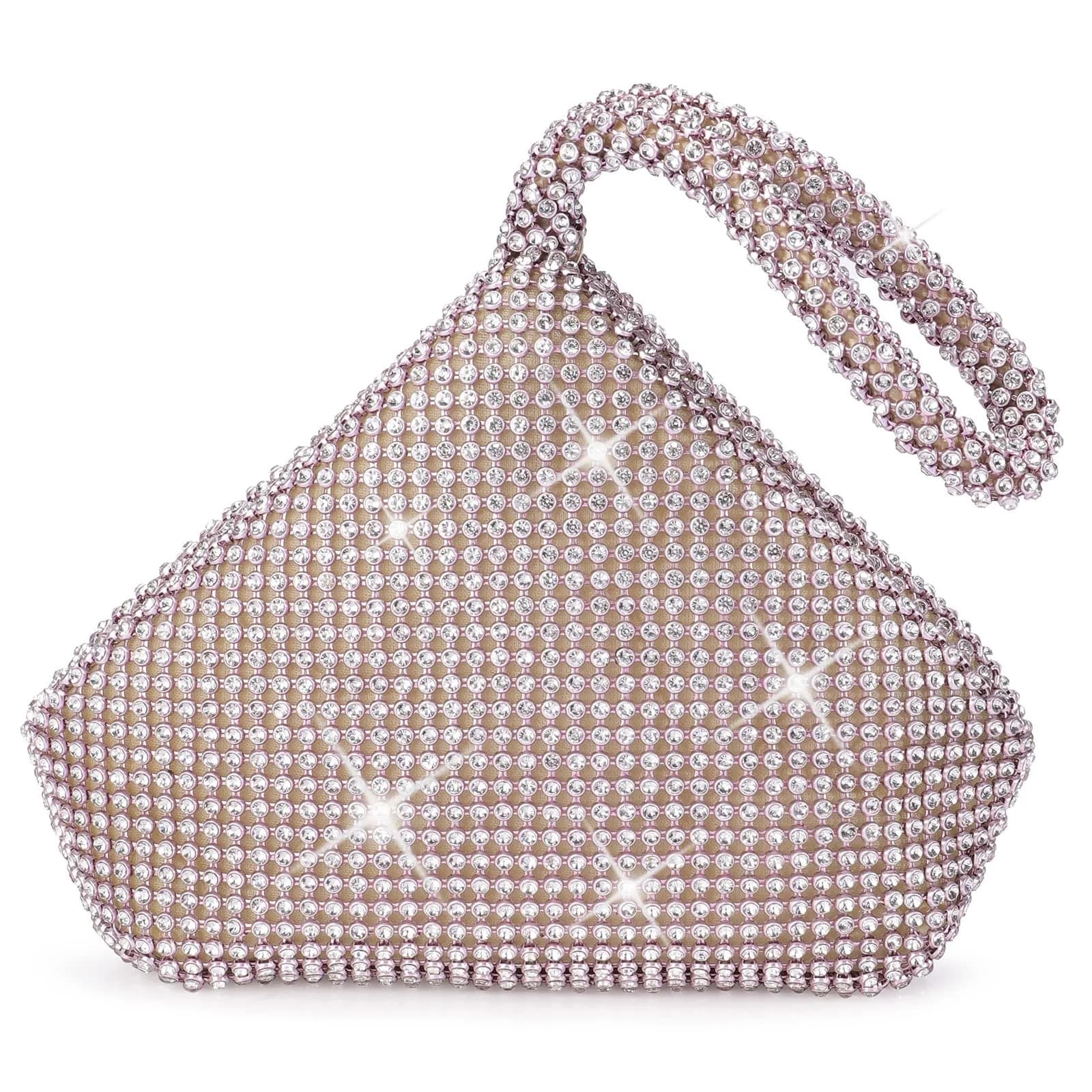 JIAN YA NA Large Three-sided Champagne Rhinestone Trihedral Clutch Evening Bag - Bling Zipper Wedding Purse - main product image