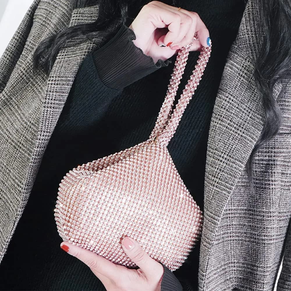 JIAN YA NA Large Three-sided Champagne Rhinestone Trihedral Clutch Evening Bag - Bling Zipper Wedding Purse - view 3