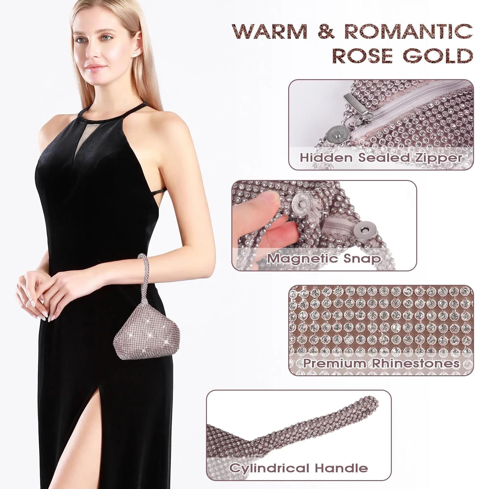 JIAN YA NA Large Three-sided Champagne Rhinestone Trihedral Clutch Evening Bag - Bling Zipper Wedding Purse - view 4