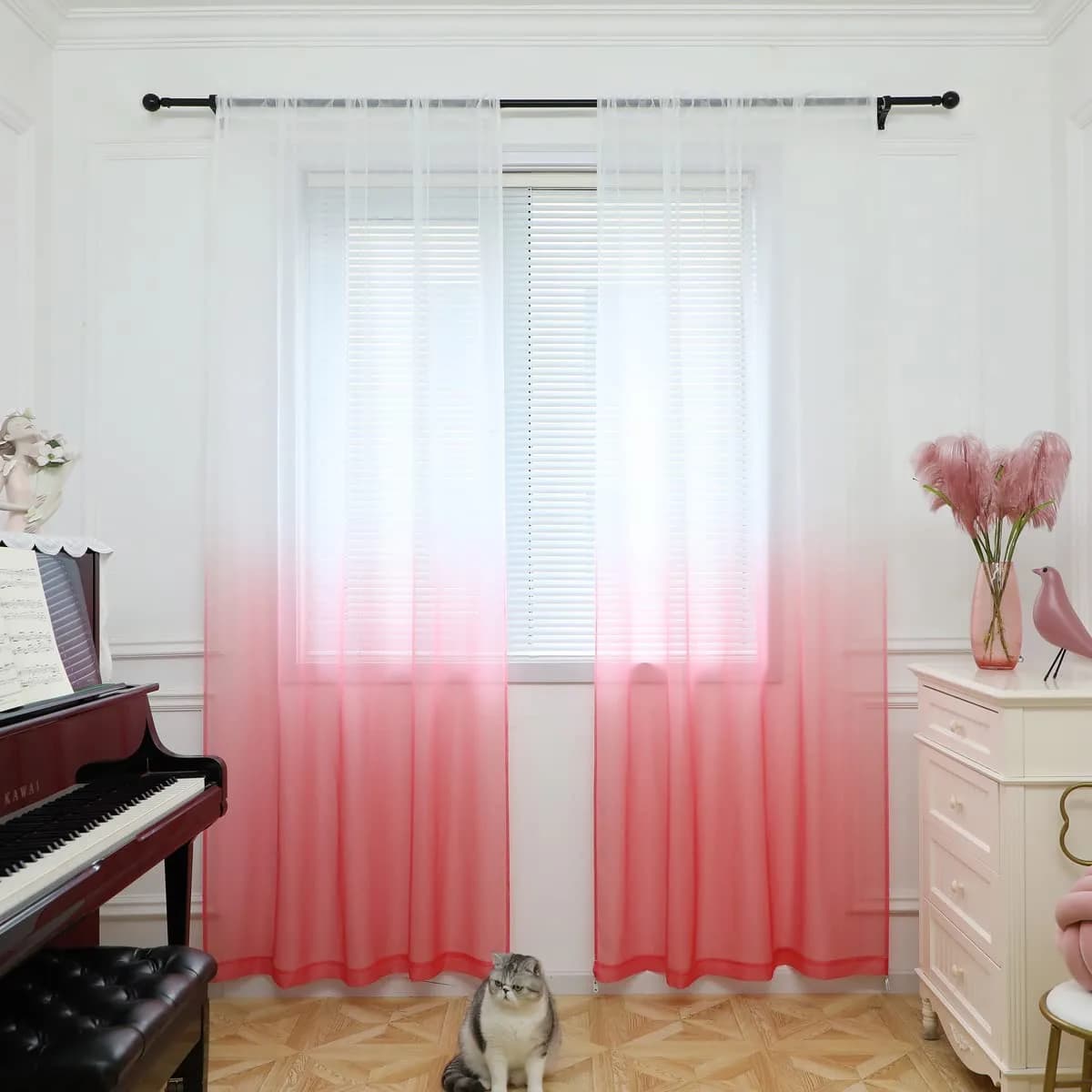 PHILEASY Gradient Red Sheer Curtains 63" L x 52" W - Pack of 2 | Light-Filtering Rod Pocket Panels - main product image