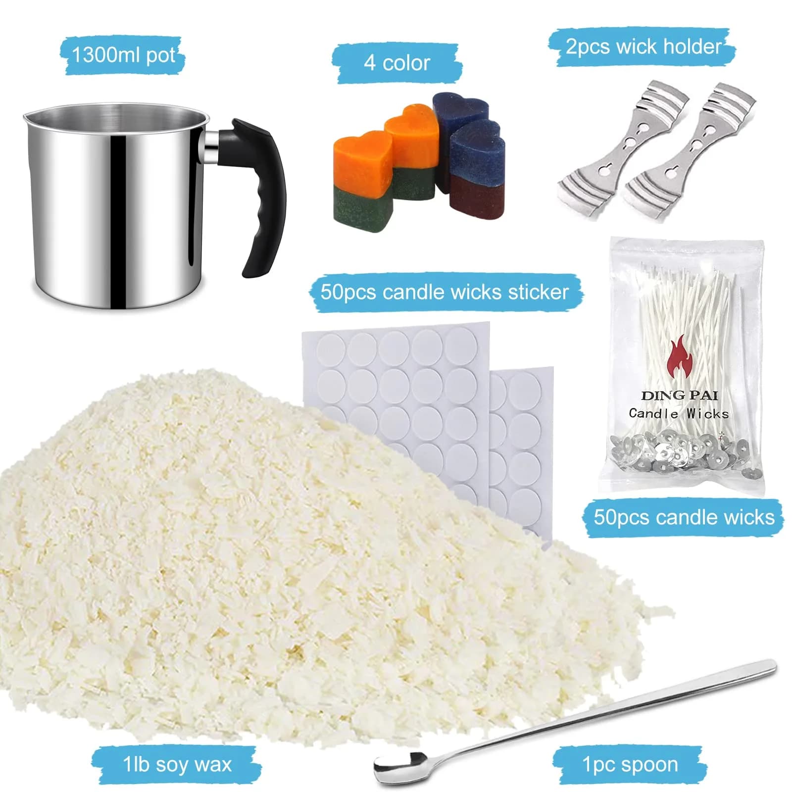 DINGPAI Candle Making Kit with 1300ml Pouring Pot, 1LB Soy Wax, 50 Cotton Wicks & Dyes | All-Season Craft Supplies - view 2