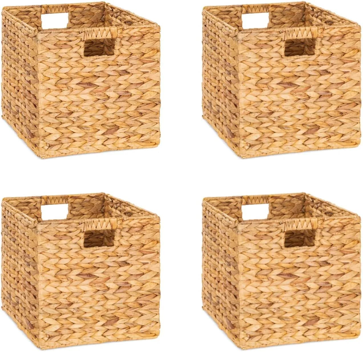 M4DECOR Water Hyacinth Storage Cube Baskets 30cm (12x12x12in) | Set of 4 Natural Woven Baskets for Shelves - main product image