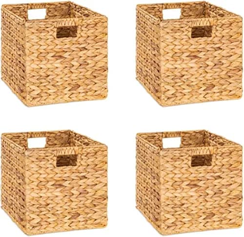 M4DECOR Water Hyacinth Storage Cube Baskets 30cm (12x12x12in) | Set of 4 Natural Woven Baskets for Shelves thumbnail 1