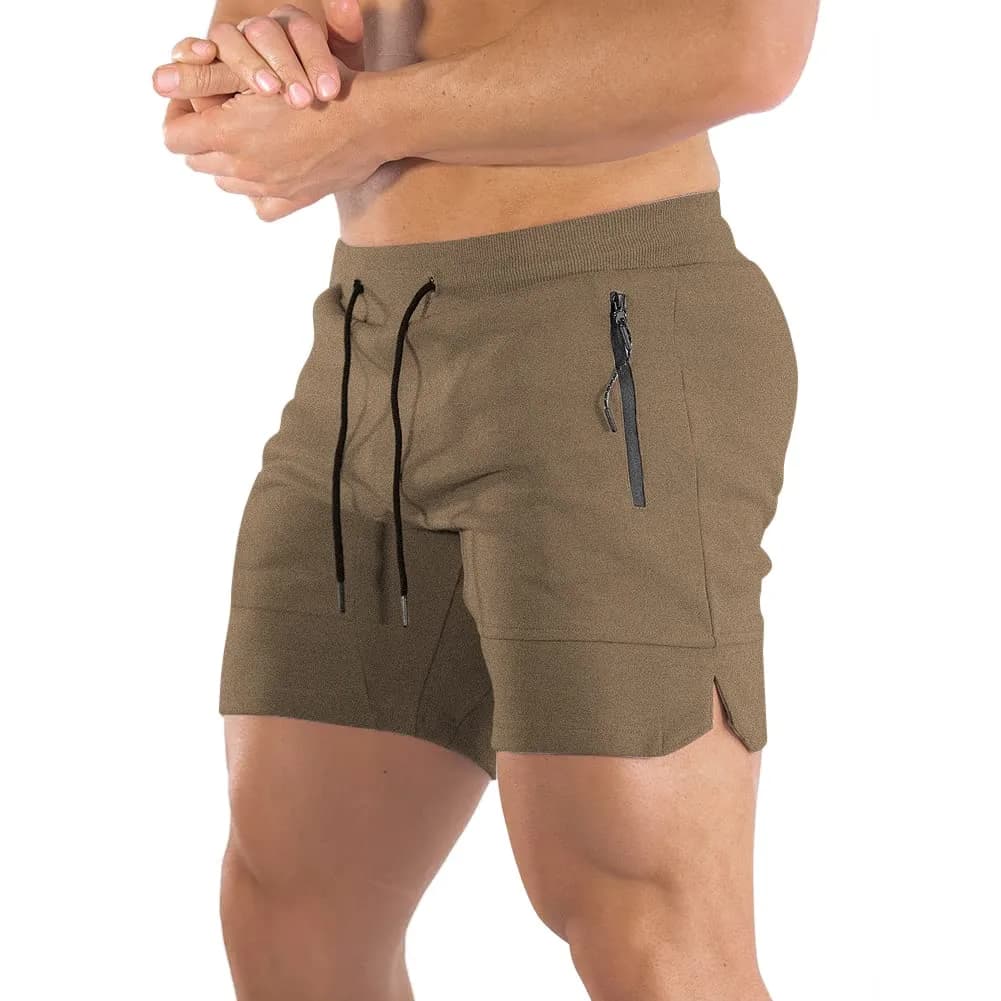 PIDOGYM Men's 5" Gym Shorts with Zipper Pockets for Running & Workout | Lightweight, Breathable Polyester Blend — Khaki / Small