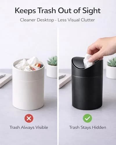 JILLICK Matte Black Mini Trash Can with Lid 1.5L (0.4 Gal) | Compact Metal Swing Top Waste Bin for Desks & Coffee Bars thumbnail 4