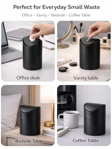 JILLICK Matte Black Mini Trash Can with Lid 1.5L (0.4 Gal) | Compact Metal Swing Top Waste Bin for Desks & Coffee Bars thumbnail 5