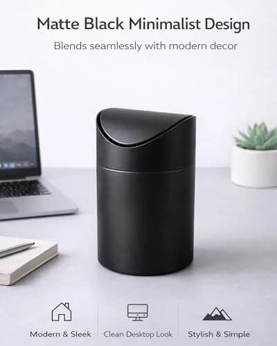 JILLICK Matte Black Mini Trash Can with Lid 1.5L (0.4 Gal) | Compact Metal Swing Top Waste Bin for Desks & Coffee Bars thumbnail 7