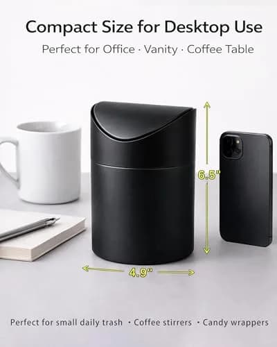 JILLICK Matte Black Mini Trash Can with Lid 1.5L (0.4 Gal) | Compact Metal Swing Top Waste Bin for Desks & Coffee Bars thumbnail 2